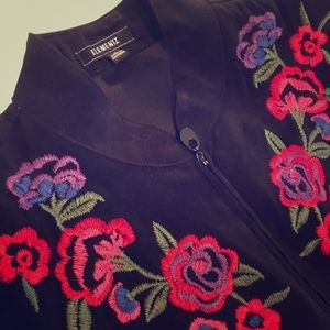 Vintage Faux Suede Floral Embroidered Blazer